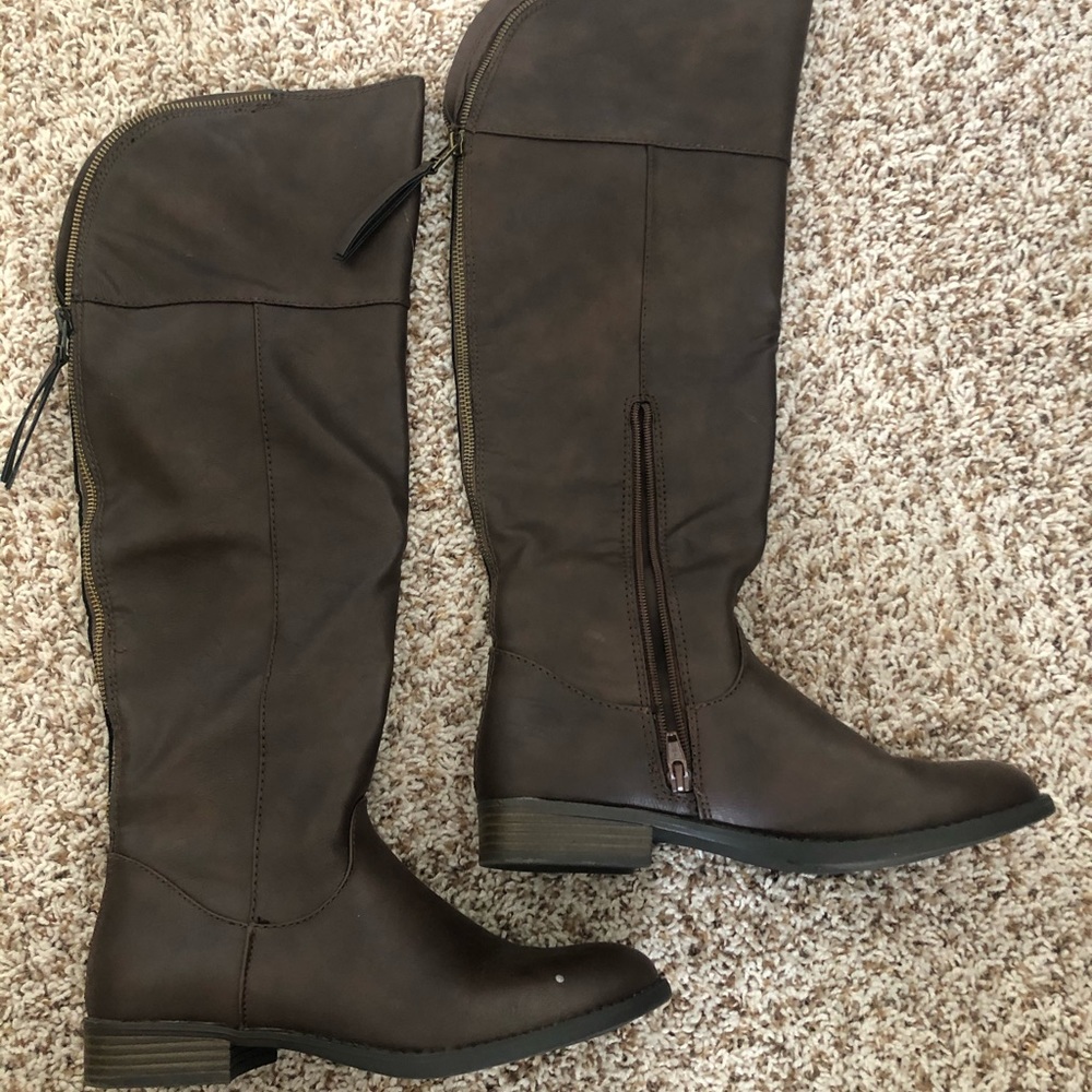 Cognac over the knee boots.